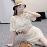 Dior Women Dioriviera Cropped Short-Sleeved Top Ecru Toile de Jouy Soleil Technical Cotton Lace