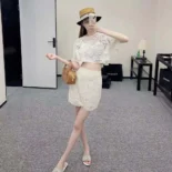 Dior Women Dioriviera Cropped Short-Sleeved Top Ecru Toile de Jouy Soleil Technical Cotton Lace