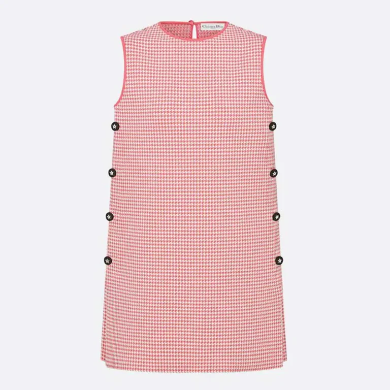 Dior Women Dioriviera Short Straight Dress White and Candy Pink Houndstooth Technical Knit