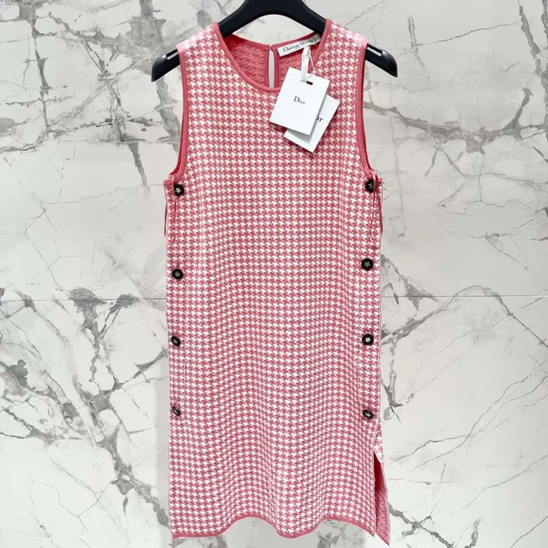 Dior Women Dioriviera Short Straight Dress White and Candy Pink Houndstooth Technical Knit