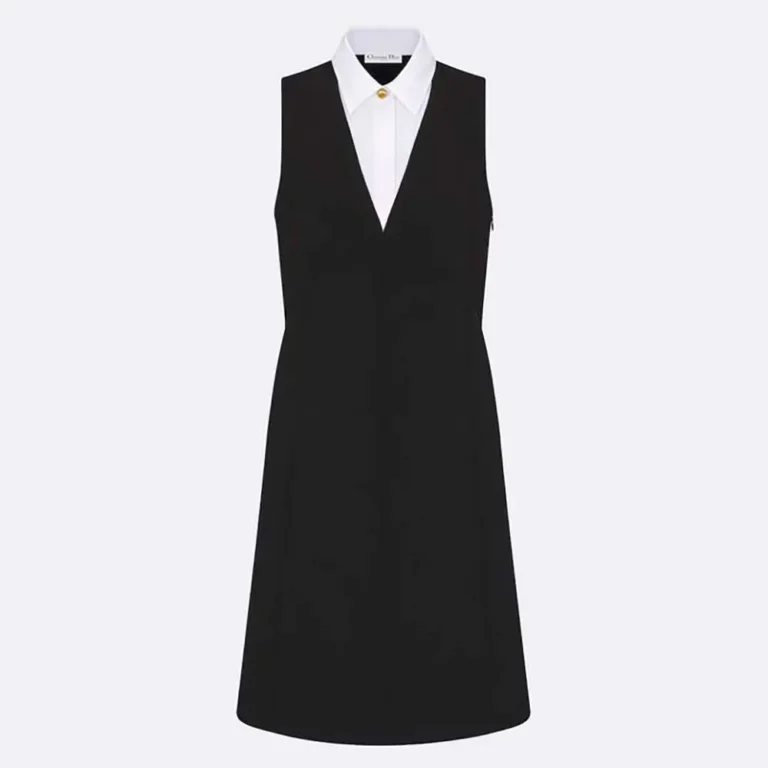 Dior Women Dress with Spread Collar Black Double-Sided Virgin Wool Crepe and White Cotton Poplin