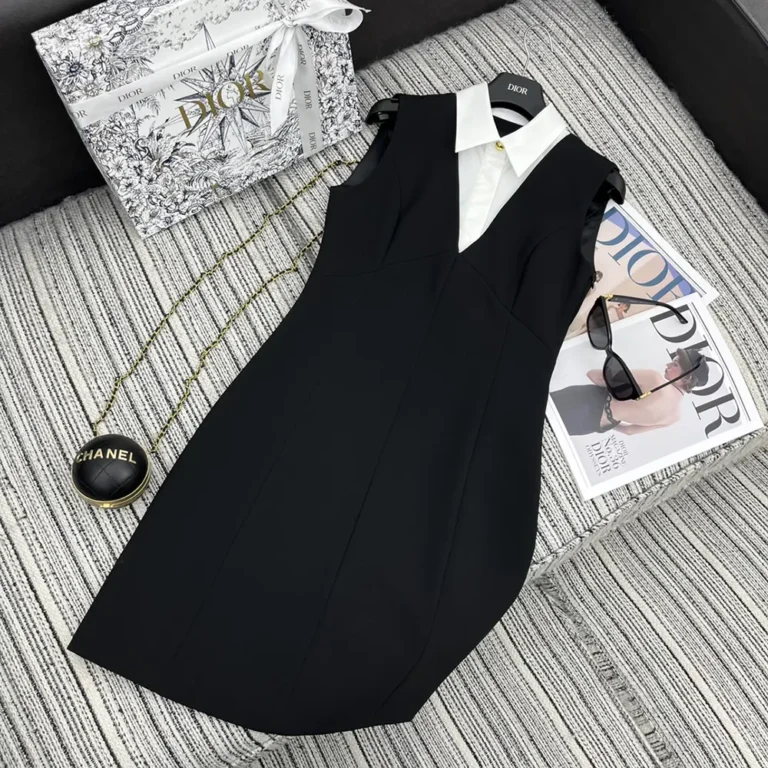 Dior Women Dress with Spread Collar Black Double-Sided Virgin Wool Crepe and White Cotton Poplin