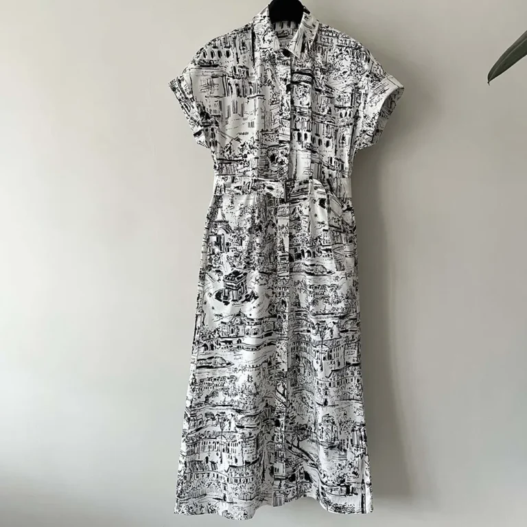 Dior Women Mid-Length Shirt Dress White and Black Cotton and Silk Poplin with Paris Allover Motif