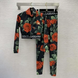 Dolce Gabbana D&G Women Spandex 2-piece Swimsuit with Rose Print Over a Black Background