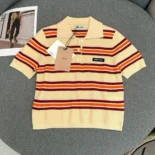 Miu Miu Women Cotton Striped Knit Polo Shirt