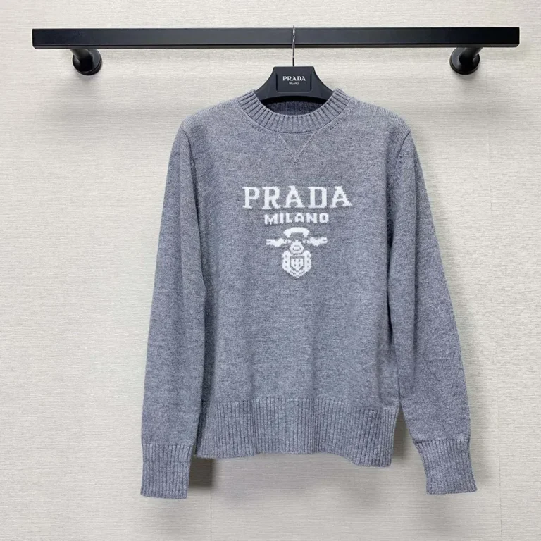 Prada Women Cashmere and Wool Prada Logo Crew-neck Sweater-Silver