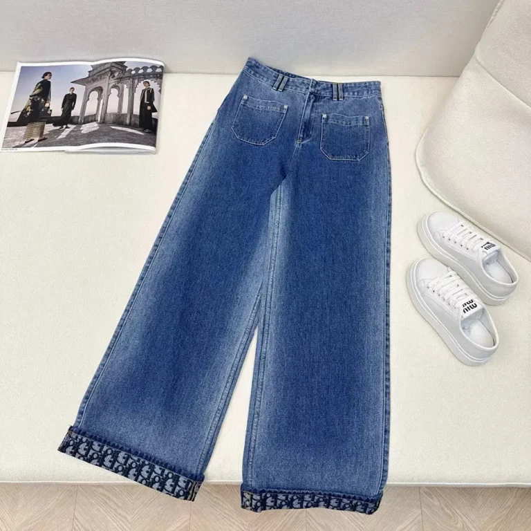 Dior Women Flared Jeans Blue Stonewashed Cotton Denim with Dior Oblique Interior