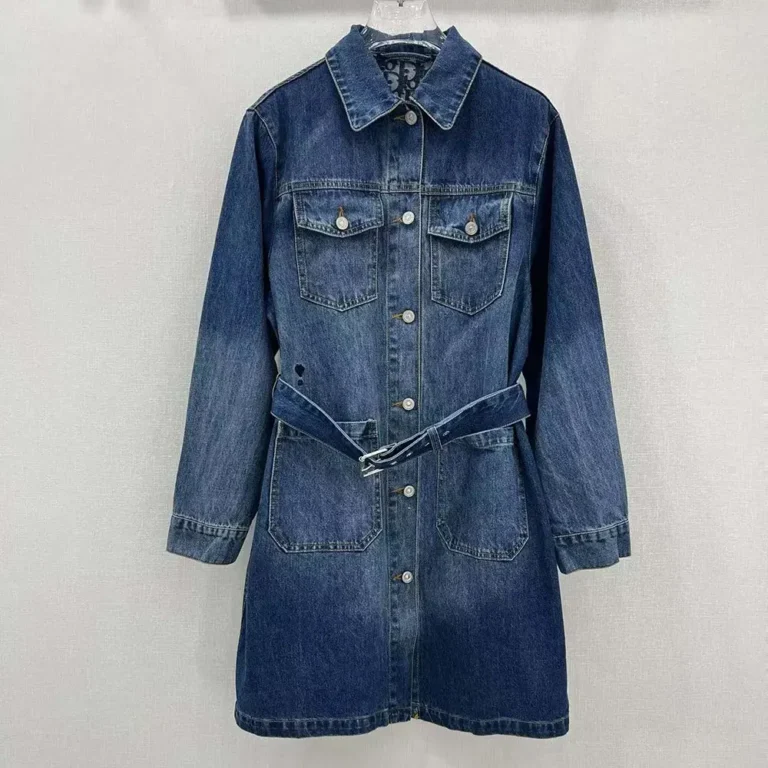 Dior Women Long Belted Jacket Blue Stonewashed Cotton Denim with Dior Oblique Interior