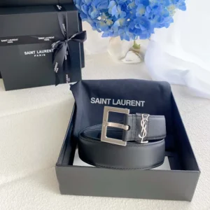 Saint Laurent YSL Women Cassandre Thin Belt with Square Buckle in Smooth Leather