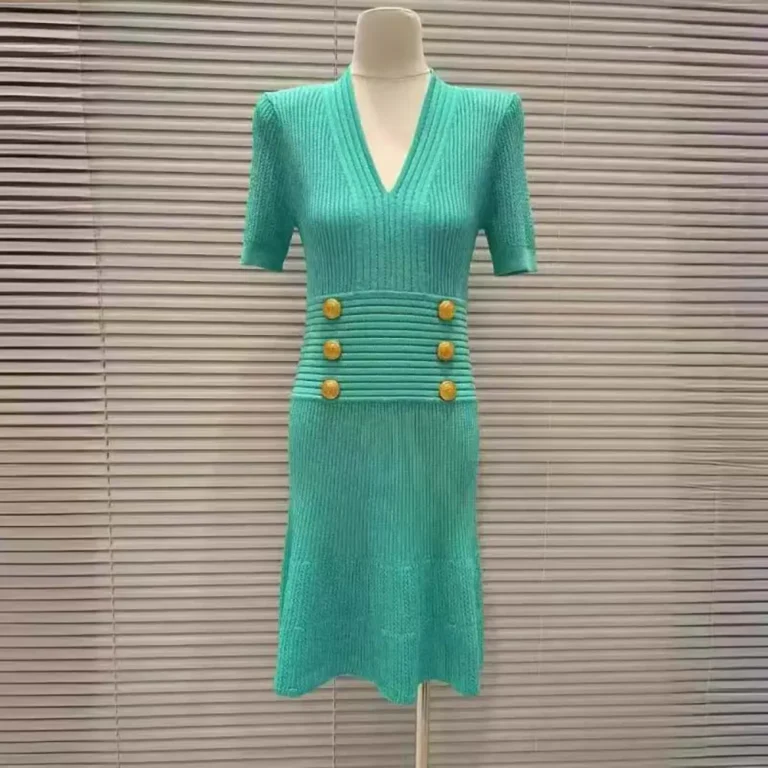 Balmain Women Flared Knit Dress-Light Blue DF1R7320KF247CNBalmain Women Flared Knit Dress-Light Blue DF1R7320KF247CN