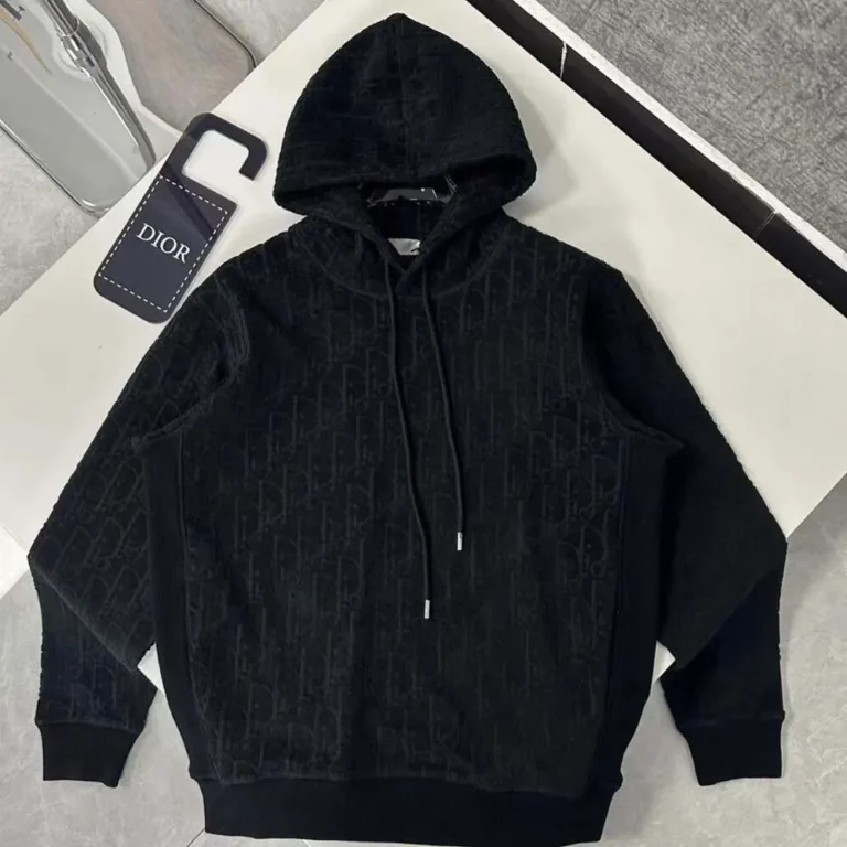 Dior Men Oblique Relaxed-Fit Hooded Sweatshirt Black Terry Cotton Jacquard