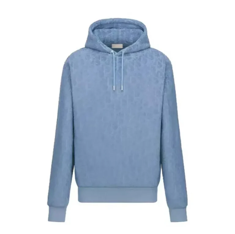 Dior Men Oblique Relaxed-Fit Hooded Sweatshirt Blue Terry Cotton Jacquard
