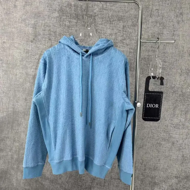 Dior Men Oblique Relaxed-Fit Hooded Sweatshirt Blue Terry Cotton Jacquard