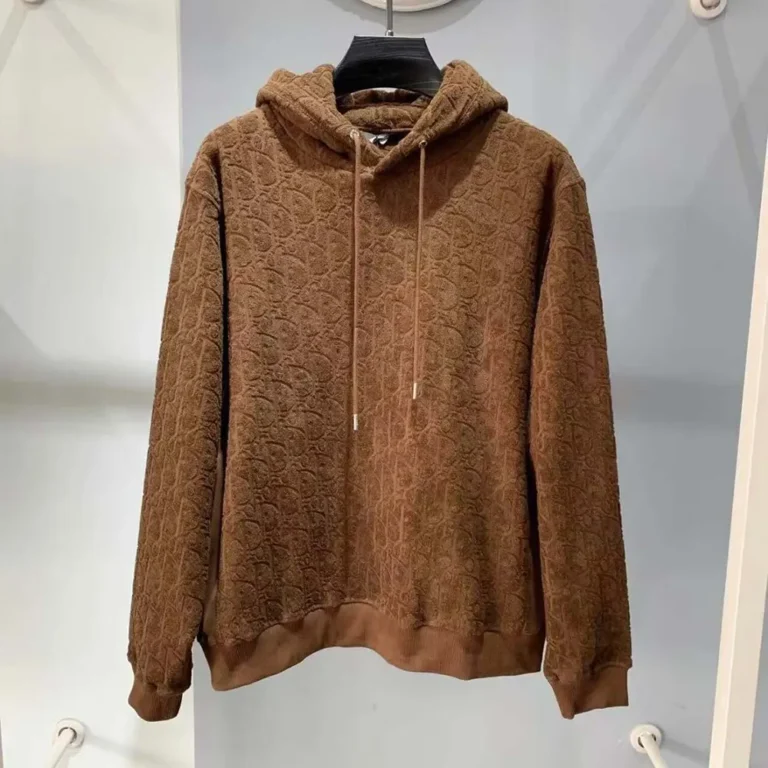 Dior Men Oblique Relaxed-Fit Hooded Sweatshirt Brown Terry Cotton Jacquard