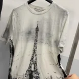 Dior Women T-Shirt Black and White Cotton and Linen Jersey with Paris Motif