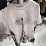 Dior Women T-Shirt Black and White Cotton and Linen Jersey with Paris Motif