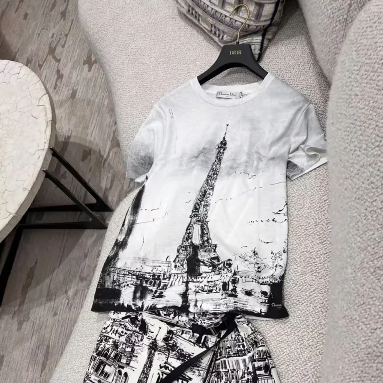 Dior Women T-Shirt Black and White Cotton and Linen Jersey with Paris Motif