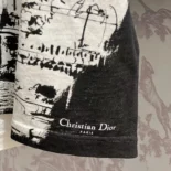Dior Women T-Shirt Black and White Cotton and Linen Jersey with Paris Motif