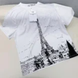 Dior Women T-Shirt Black and White Cotton and Linen Jersey with Paris Motif