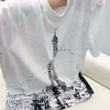 Dior Women T-Shirt Black and White Cotton and Linen Jersey with Paris Motif