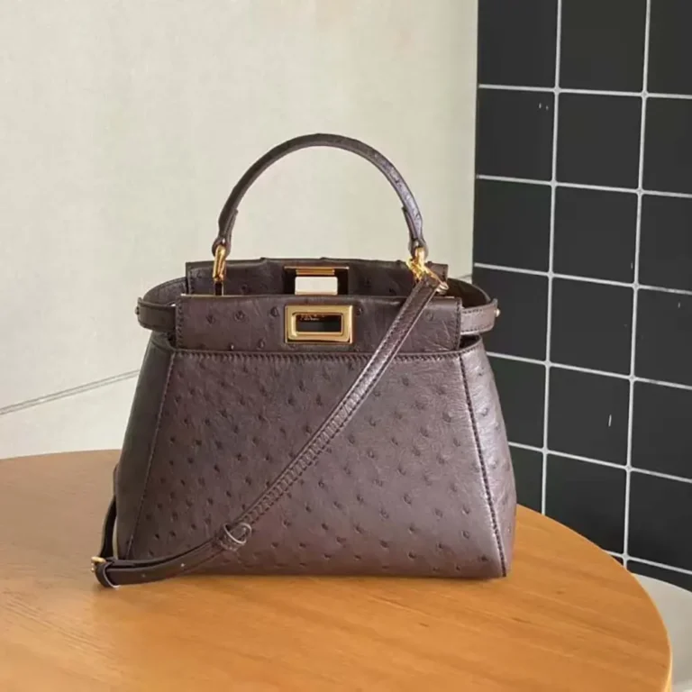 Fendi Women Peekaboo Iconic Mini Bordeaux Ostrich Leather Bag