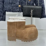 Balenciaga Unisex Alaska Fur Bootie in Brown Split Calfskin and White Synthetic Material