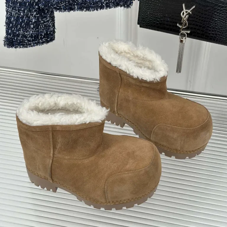 Balenciaga Unisex Alaska Fur Bootie in Brown Split Calfskin and White Synthetic Material