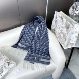 Dior Unisex Oblique Scarf Ecru and Navy Blue Cashmere