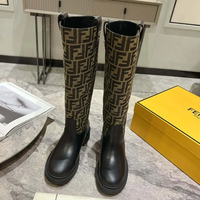 Fendi Women Filo Black Leather and Brown FF Fabric Boots