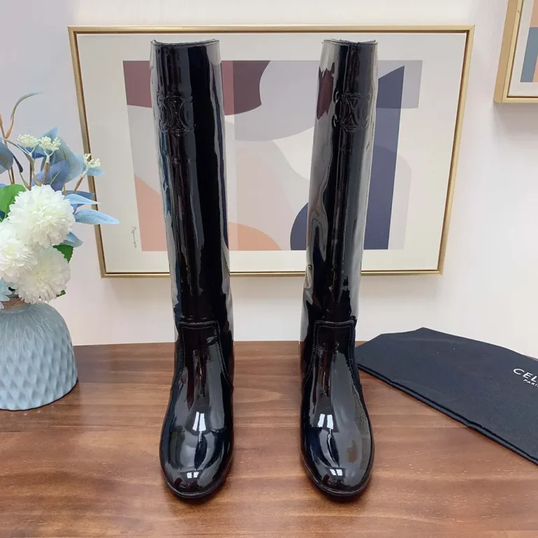 Celine Women Les Bottes Celine Triomphe High Boot in Patent Calfskin-Black