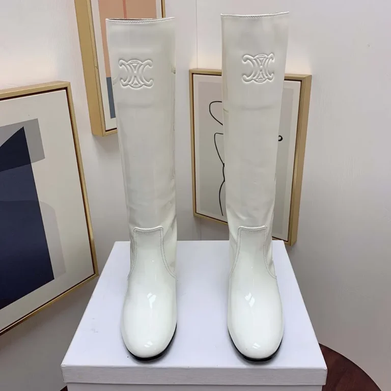 Celine Women Les Bottes Celine Triomphe High Boot in Patent Calfskin-White