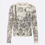 Embroidered Sweater White and Black Cashmere Knit with Paris Allover Motif