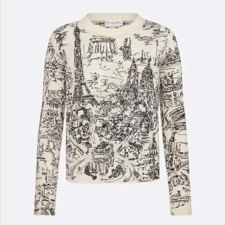 Embroidered Sweater White and Black Cashmere Knit with Paris Allover Motif