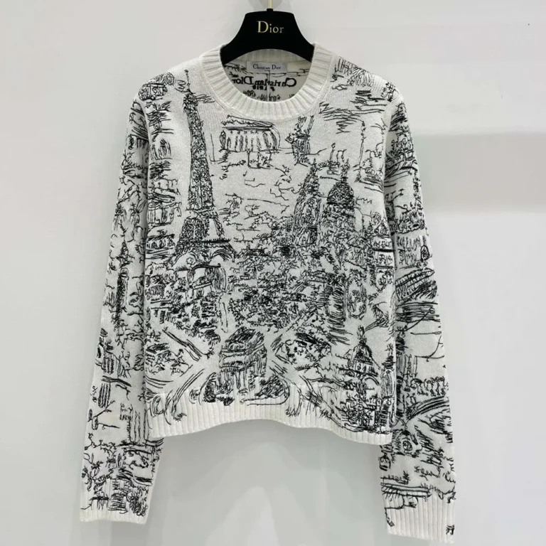 Embroidered Sweater White and Black Cashmere Knit with Paris Allover Motif