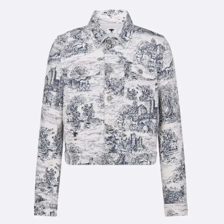 Jacket White Cotton Denim with Blue Toile de Jouy Scotland Motif