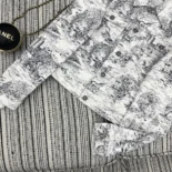 Jacket White Cotton Denim with Blue Toile de Jouy Scotland MotifJacket White Cotton Denim with Blue Toile de Jouy Scotland Motif