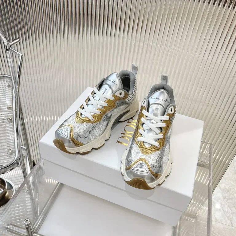 Dior Vibe Sneaker White Mesh Printed with Dior Oblique Motif and Gold- and Silver-Tone