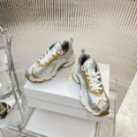 Dior Vibe Sneaker White Mesh Printed with Dior Oblique Motif and Gold- and Silver-Tone