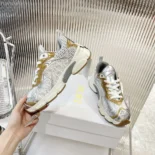 Dior Vibe Sneaker White Mesh Printed with Dior Oblique Motif and Gold- and Silver-Tone
