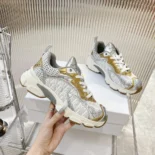 Dior Vibe Sneaker White Mesh Printed with Dior Oblique Motif and Gold- and Silver-Tone