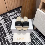 Dior Women Dway Slide Black Calfskin and Embroidered Cotton