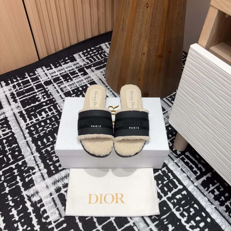 Dior Women Dway Slide Black Calfskin and Embroidered Cotton
