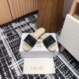 Dior Women Dway Slide Black Calfskin and Embroidered Cotton