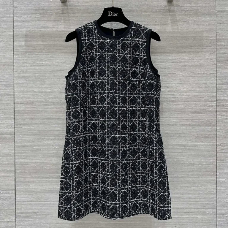 Dior Women Macrocannage Sleeveless Tunic Black and White Cotton Blend Tweed