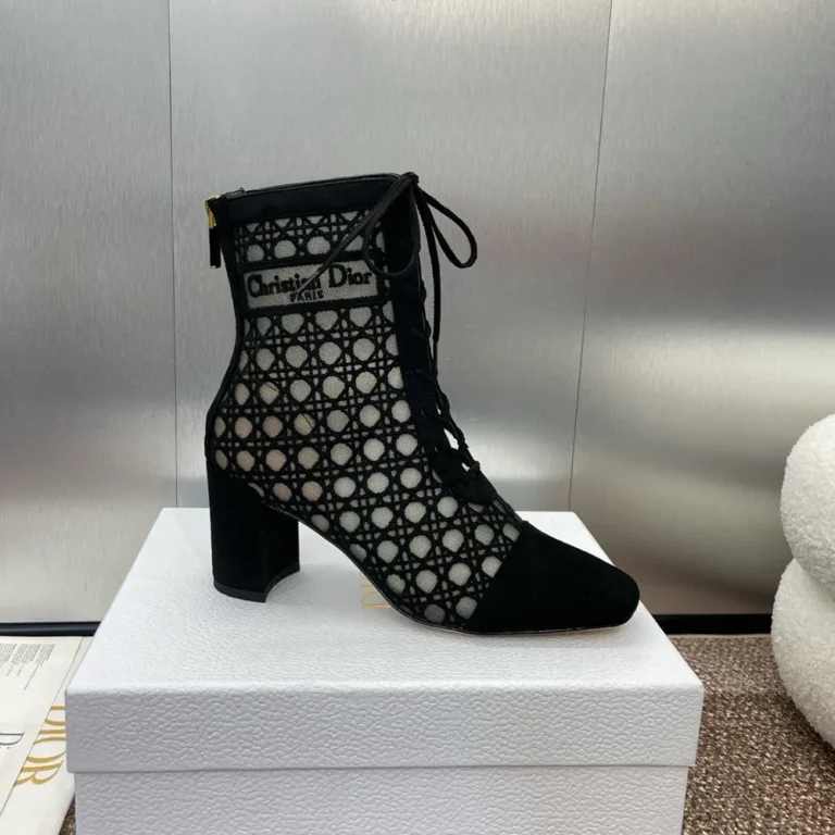 Dior Women Naughtily-D Heeled Ankle Boot Transparent Mesh Embroidered with Black