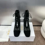 Dior Women Naughtily-D Heeled Ankle Boot Transparent Mesh Embroidered with Black Cannage Motif