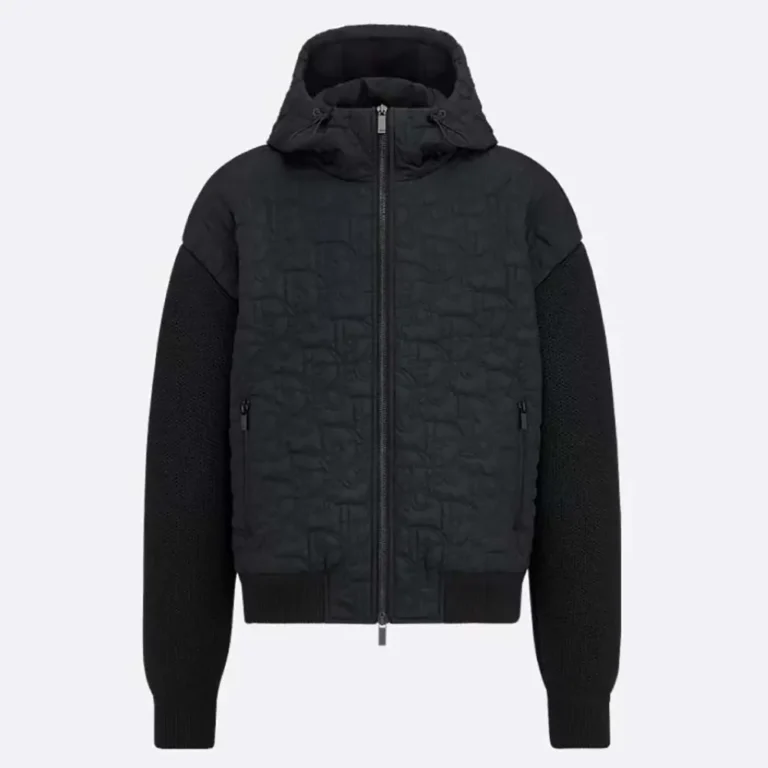 Oblique Hooded Blouson Jacket Black Cotton-Blend Knit