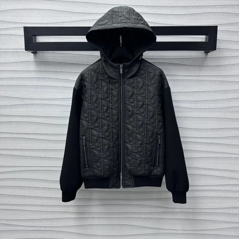Dior Men Oblique Hooded Blouson Jacket Black Cotton-Blend Knit