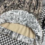 Dior Women Pleated Mid-Length Skirt Beige and Black Cotton Gabardine with Paris Allover Motif