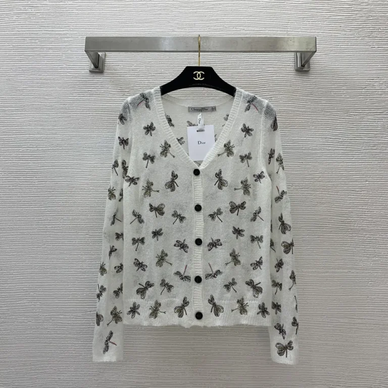 Dior Women Twinset White Mohair and Alpaca Blend Knit with Multicolor Dragonfly Motif